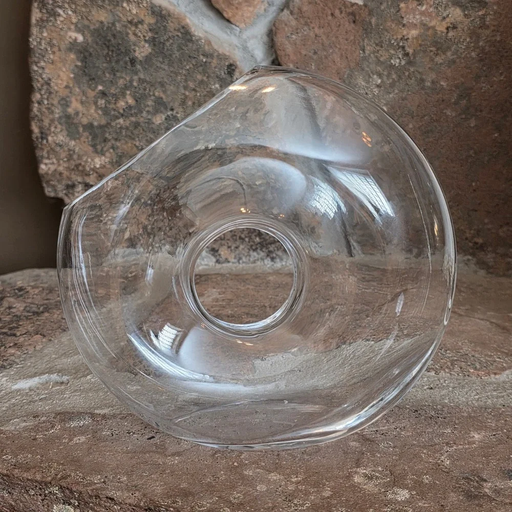 Modern Hand Blown Clear Glass Donut Vase Asymmetrical Torus Sculptural 7.5in